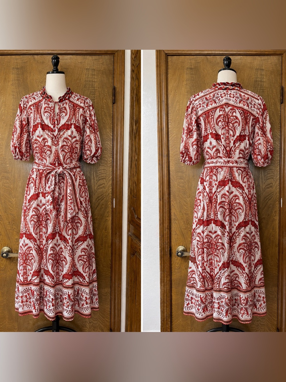 FARM Rio Dress Red & White Tropical Belted Midi Maxi Size Small Cameo Puff